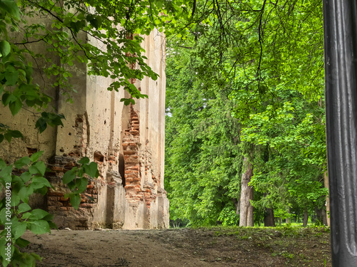 Foto Old castle ruin walls in lush green park with trees framing the scene