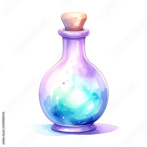 Vintage glass bottle with iridescent liquid and stopper.