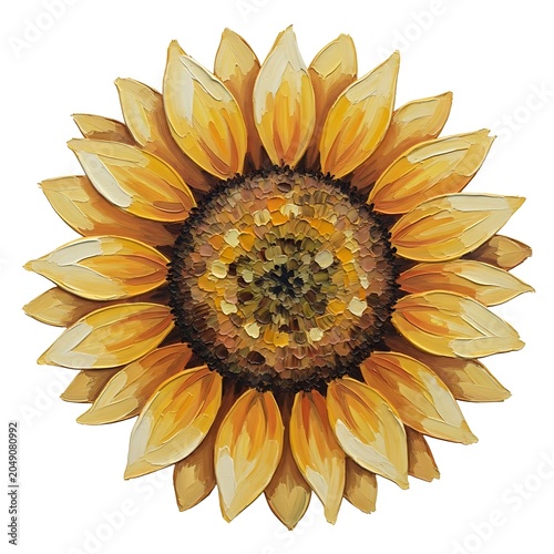 Golden sunflower with dark center against white background.