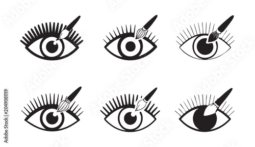 Fotografie Various eye makeup and lash artist icons with cosmetic brush strokes isolated on checkered pattern