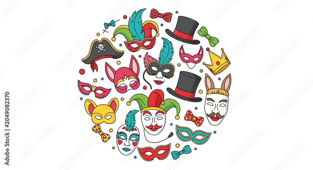 Fototapeta premium Circular arrangement of vibrant carnival and masquerade masks along with festive hats and decorative bows on a white background.