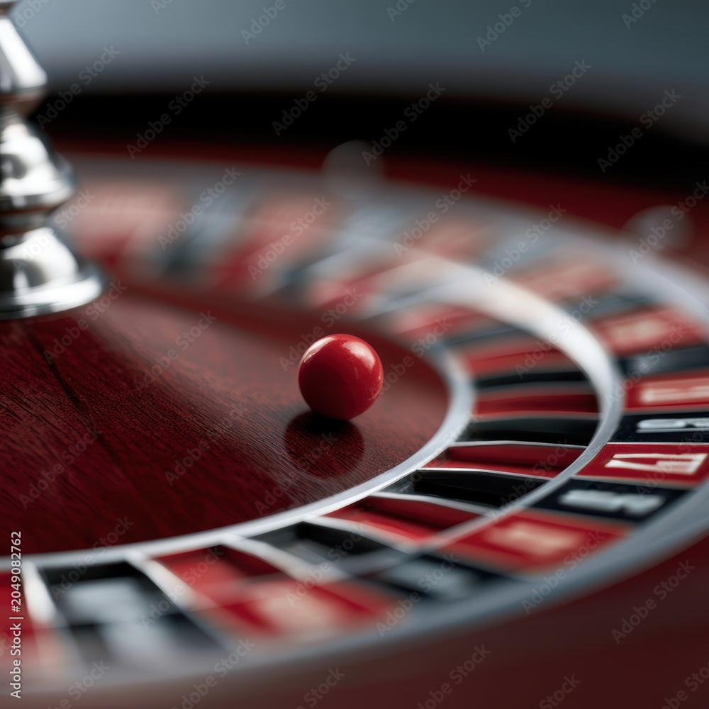 Obraz premium Roulette wheel close-up with ball landing on number, luxury casino atmosphere, gambling, luck, high-risk entertainment concept