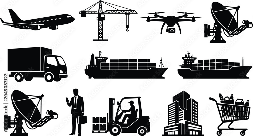 Obraz premium Collection of logistics and transport silhouettes featuring trucks, forklifts, cranes, ships, aircraft, drones, and construction vehicles
