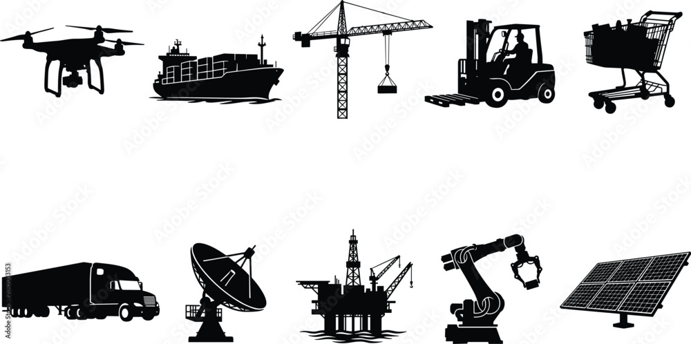 Obraz premium Collection of logistics and transport silhouettes featuring trucks, forklifts, cranes, ships, aircraft, drones, and construction vehicles