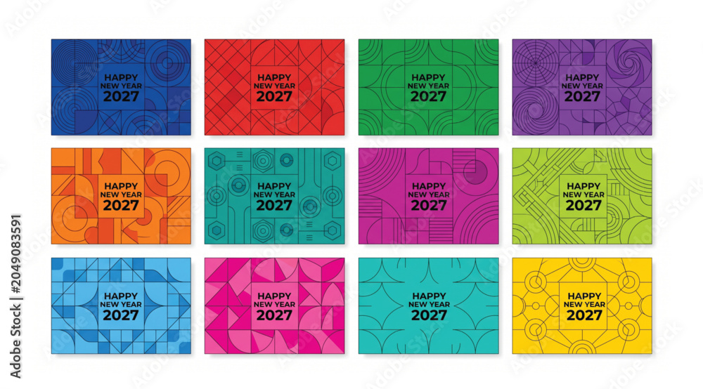 Naklejka premium Set of geometric patterned backgrounds with happy new year 2027 greeting text for festive designs celebration geometric background abstract colorful greeting creative template wallpaper