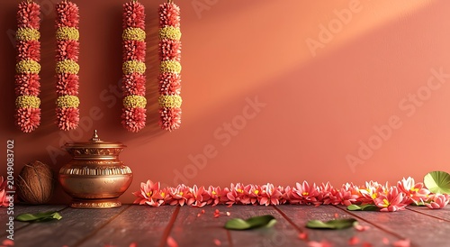 Kalash decoration with coconut flowers and traditional puja setup image