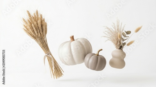 Neutral thanksgiving still life pumpkins wheat and pampas grass arrangement