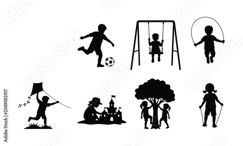 Φωτογραφία Children's playtime silhouette collection soccer swing jump rope kite flying san