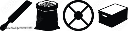 Photos Agricultural Harvesting Tool Icon Set with Manual Slicer Blade Coffee Bean Sack
