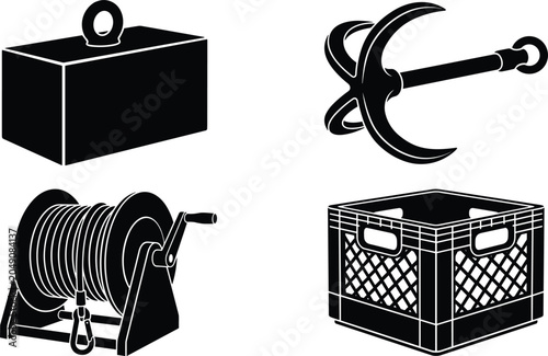 Quadro su tela Commercial Marine Fishing and Rigging Equipment Icon Set with Counterweight Grap