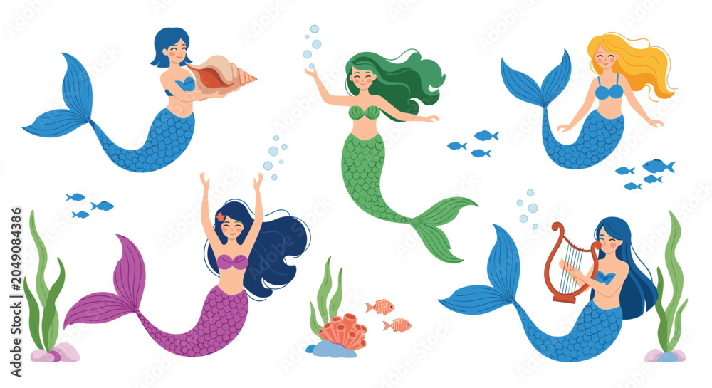 Fototapeta premium Collection of enchanting mermaids with various hair colors and accessories swimming in a detailed and colorful underwater world.