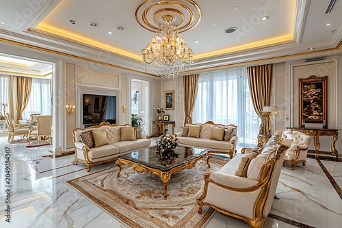 Lavish interior hall with ornate ceiling and luxury seating photo