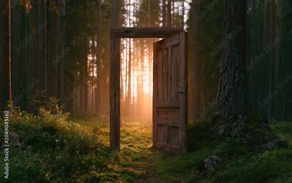 Fototapeta premium Open Wooden Door Standing in Enchanted Forest with Golden Sunrise Light and Magical Pathway to New Beginnings