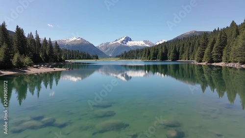 Serene Alpine Lake Reflecting Snow Capped Mountains and Lush Forest