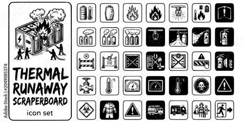 Slika na platnu BESS Thermal Runaway Scraperboard Black White-Cell Vent Suppress Contain Urgent-