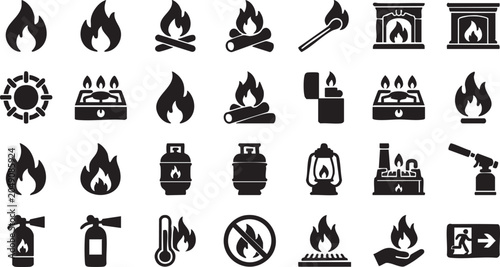 Fotografie Set of fire and flame icons, including campfire, fireplace, gas stove, lighter,