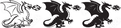 Fotografía Set of three black and white dragon silhouettes breathing fire