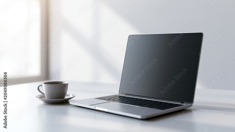 Fototapeta premium modern office workspace, laptop, coffee cup, sunlight, clean productivity setup