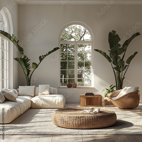Minimalist lounge interior with clean aesthetic and panoramic windows image
