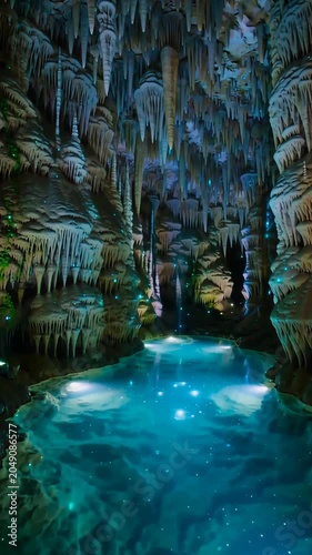 A serene, turquoise-colored body of water surrounded by towering, ancient limestone formations in a dimly lit cavern
