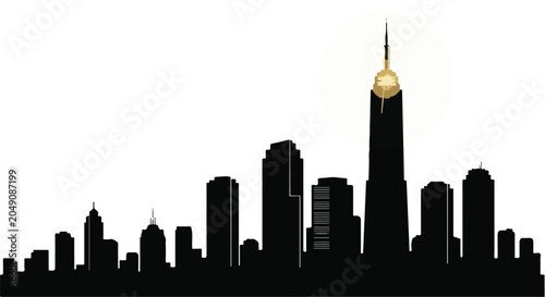 City skyline silhouette features a prominent tall building with a golden dome.