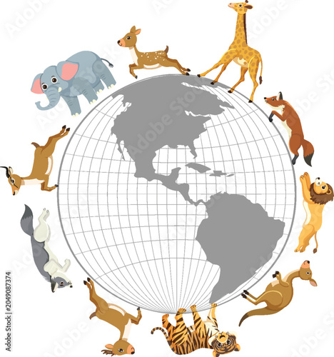 Photography Wild Animals Walking Around Planet Earth Globe Cartoon Illustration for Global W