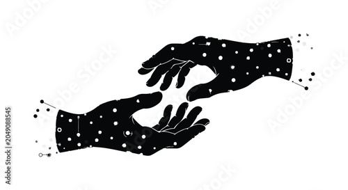 Two abstract black hands with white dots reach towards each other on a white.