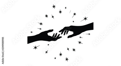 Two silhouetted hands reach towards each other with sparkling stars radiating between.