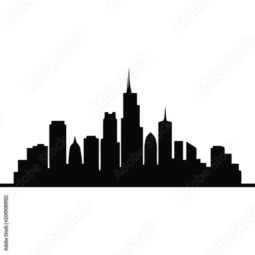 Black silhouette of a city skyline featuring various skyscrapers and tall buildings, isolated on a white background, urban landscape