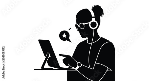 Person wearing headphones and glasses interacts with a tablet showing a star icon.