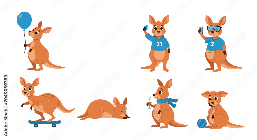 Fototapeta premium Funny kangaroos characters set engaged in various human activities like skateboarding, taking selfies, and playing sports.