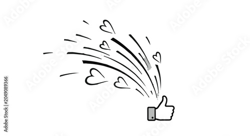 Thumbs up gesture with hearts and radiating lines on a white background.