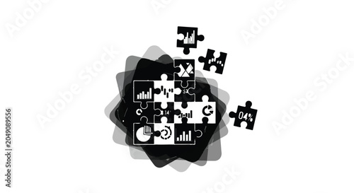 Jigsaw puzzle pieces with business charts and graphs form a complex solution.
