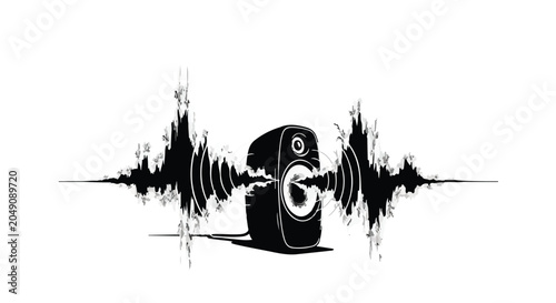 Audio speaker with sound waves emanating from it on a white background.