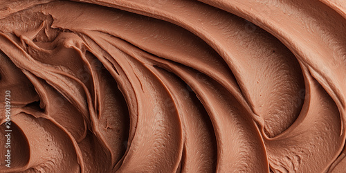 Close up top view of chocolate ice cream gelato mousse pudding texture