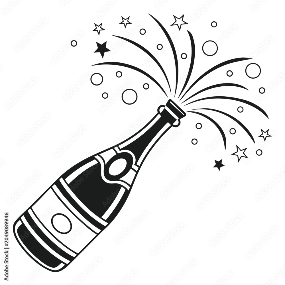 Fototapeta premium Champagne bottle popping with confetti and stars , vector illustration