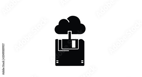 Floppy disk icon with a cloud symbol above it depicts cloud storage or data transfer.