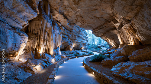 Scenic interior view of a massive illuminated limestone cavern with a walking path leading to the exit created with Generative AI Technology, ai, generative