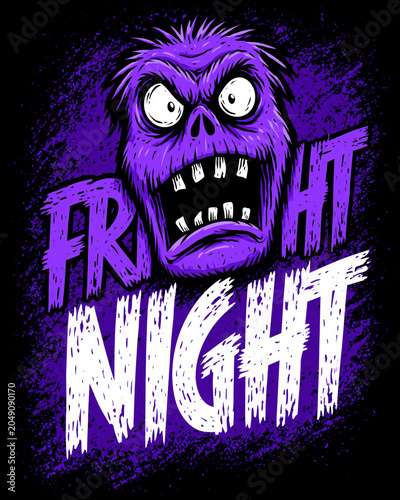 Comic book style illustration of a screaming purple monster zombie face with Fright Night text created with Generative AI Technology, ai, generative