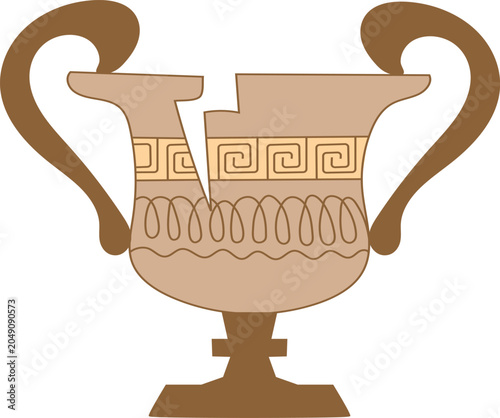 Broken ancient Greek ceramic vase or amphora with a crack. Isolated on a white background, the antique vessel features traditional geometric meander and wave ornaments, high handles, and a pedestal.