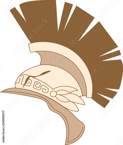 Ancient Greek or Roman warrior helmet with a high crest. Isolated on a white background, the antique soldier helmet features traditional geometric meander and laurel wreath patterns. Ideal for histori