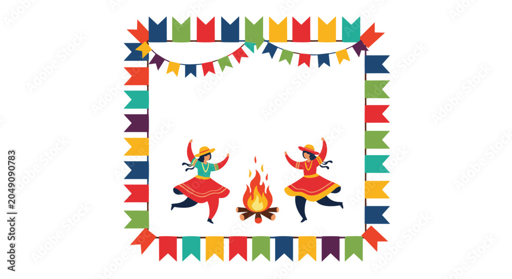 Fototapeta premium Festive illustration of two women dancing around a bonfire at a Brazilian carnival framed by colorful decorative buntings.