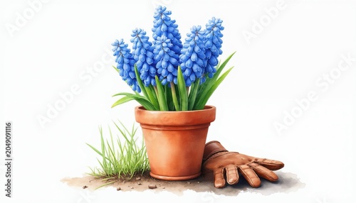 Blue grape hyacinths grow in terracotta pot with green grass and brown glove nearby. Spring gardening preparation begins with planting bulbs and flowers. Early season bloom.