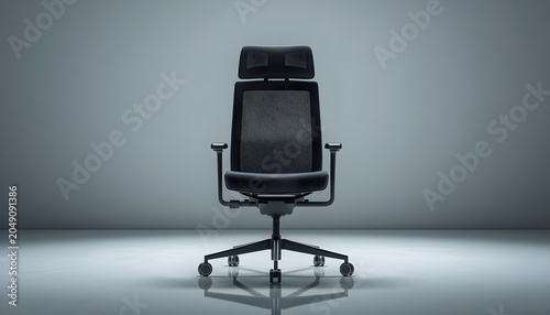 Modern black ergonomic office chair with mesh backrest and headrest in a minimalist studio background