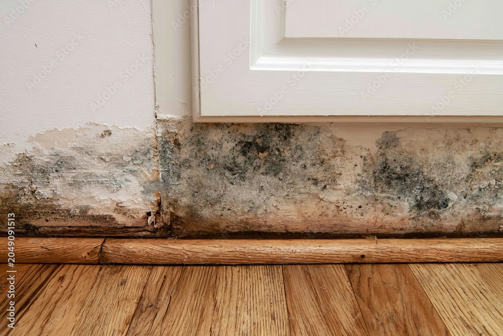 Fototapeta premium Mold growing on wall near baseboard in a room with wood floors during daylight hours