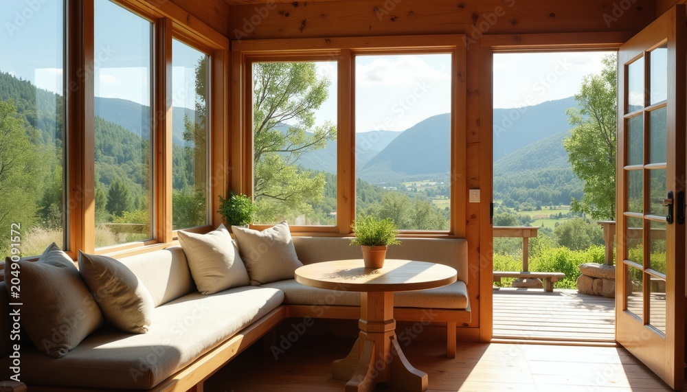 Fototapeta premium Cozy wooden room with large windows shows valley and mountain view. Comfortable seating area with table inside ranch house. Open doors lead to deck and garden.