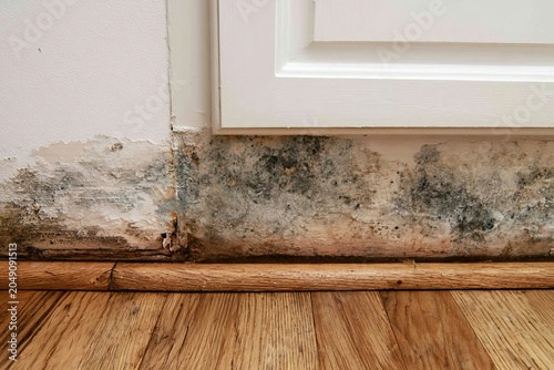 Mold growing on wall near baseboard in a room with wood floors during daylight hours