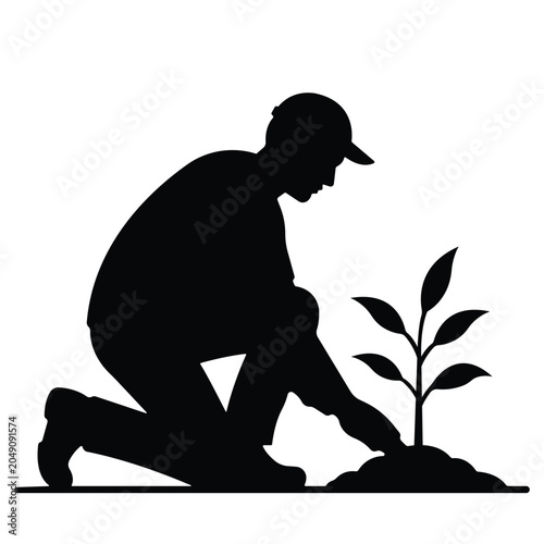 Man planting young plant or tree sapling in soil silhouette vector design