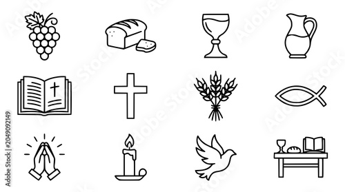 Christian religious vector icon bundle with Last Supper and communion elements