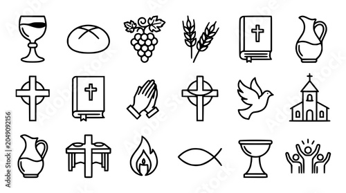 Quadro su tela Christian communion icon collection with cross bread wine and faith graphics